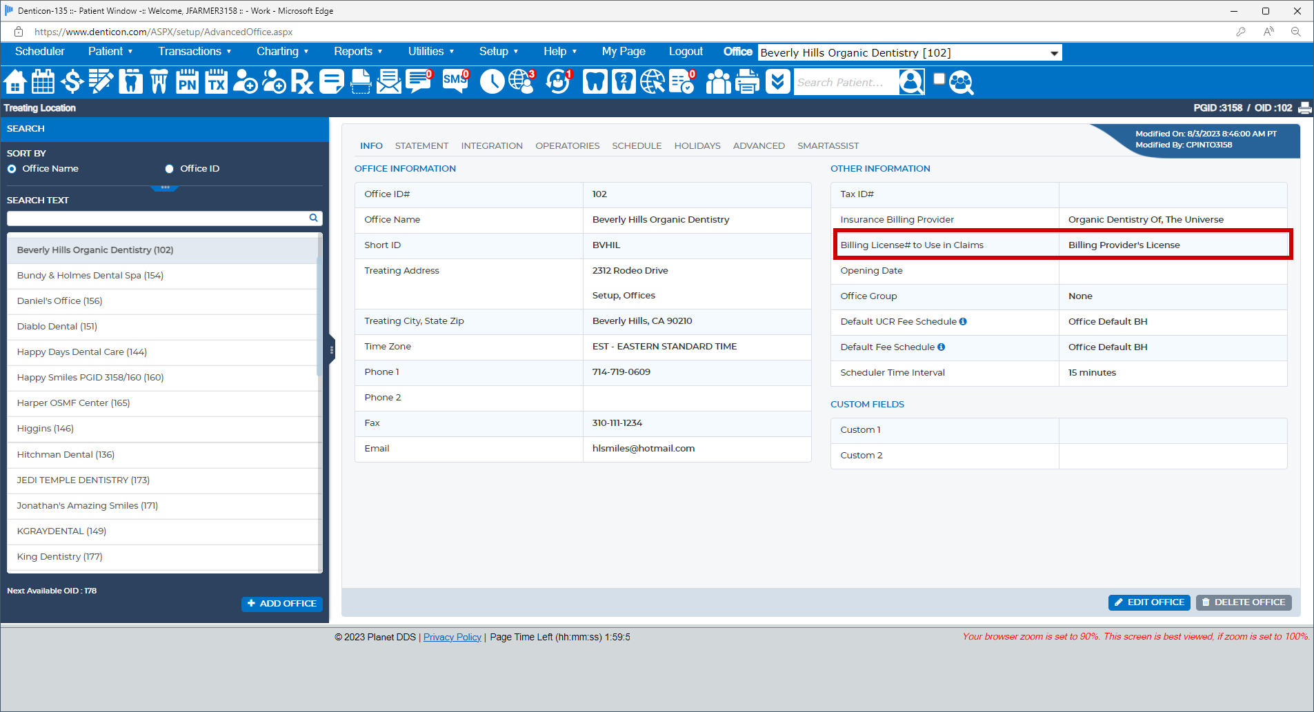 Where is the license number in box 50 of the ada claim form determined