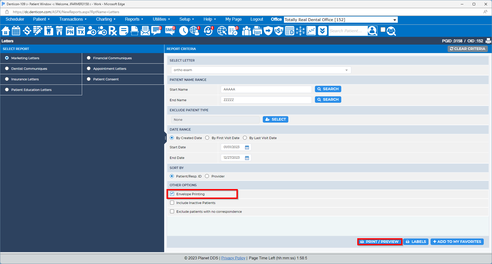 Envelope printing option planet dds