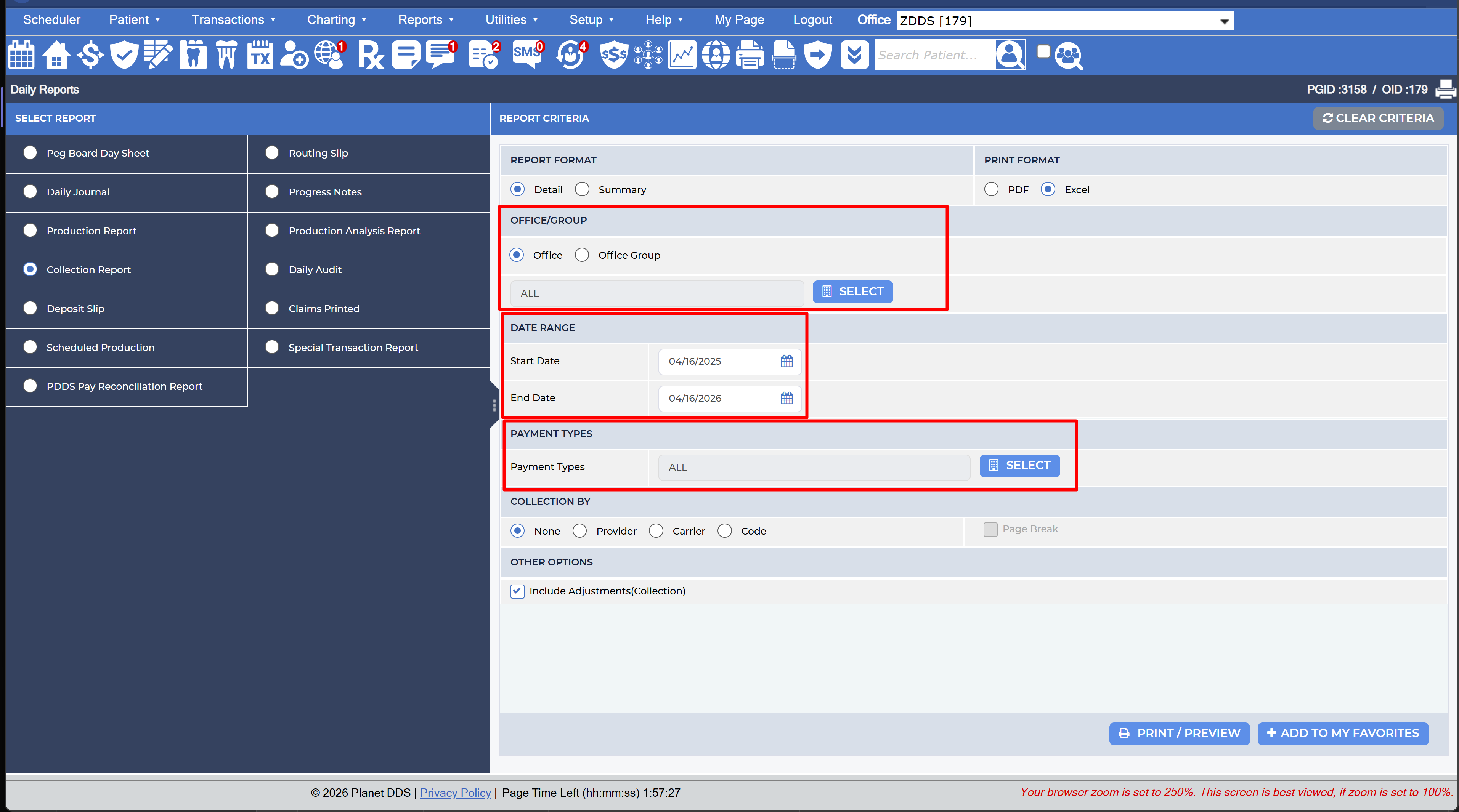 Below are the three report criteria the team member was asked to fulfill. Office/Group and Payment Types are both set to ALL and the Date Range is set to 4/15/2026-4/16/2026. When the team member runs the report, there is an error reading: Report Error: "File size is too large to download"