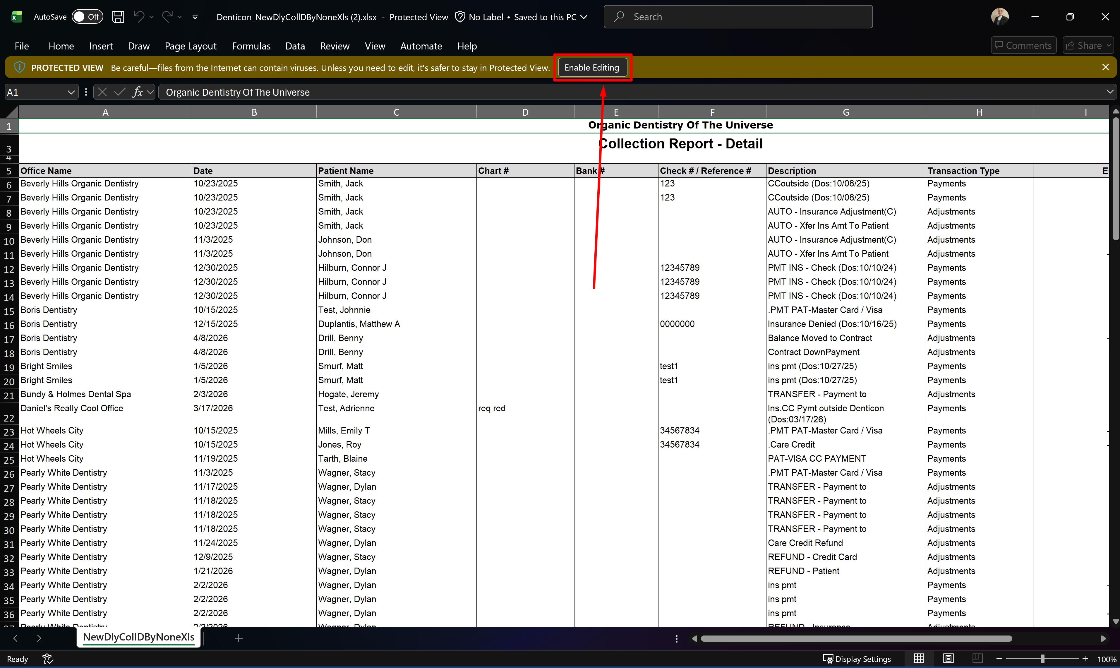  You may need to enable editing on each report before progressing. Select a report to be the recipient of the cells with more data and open it. Then press Enable Editing