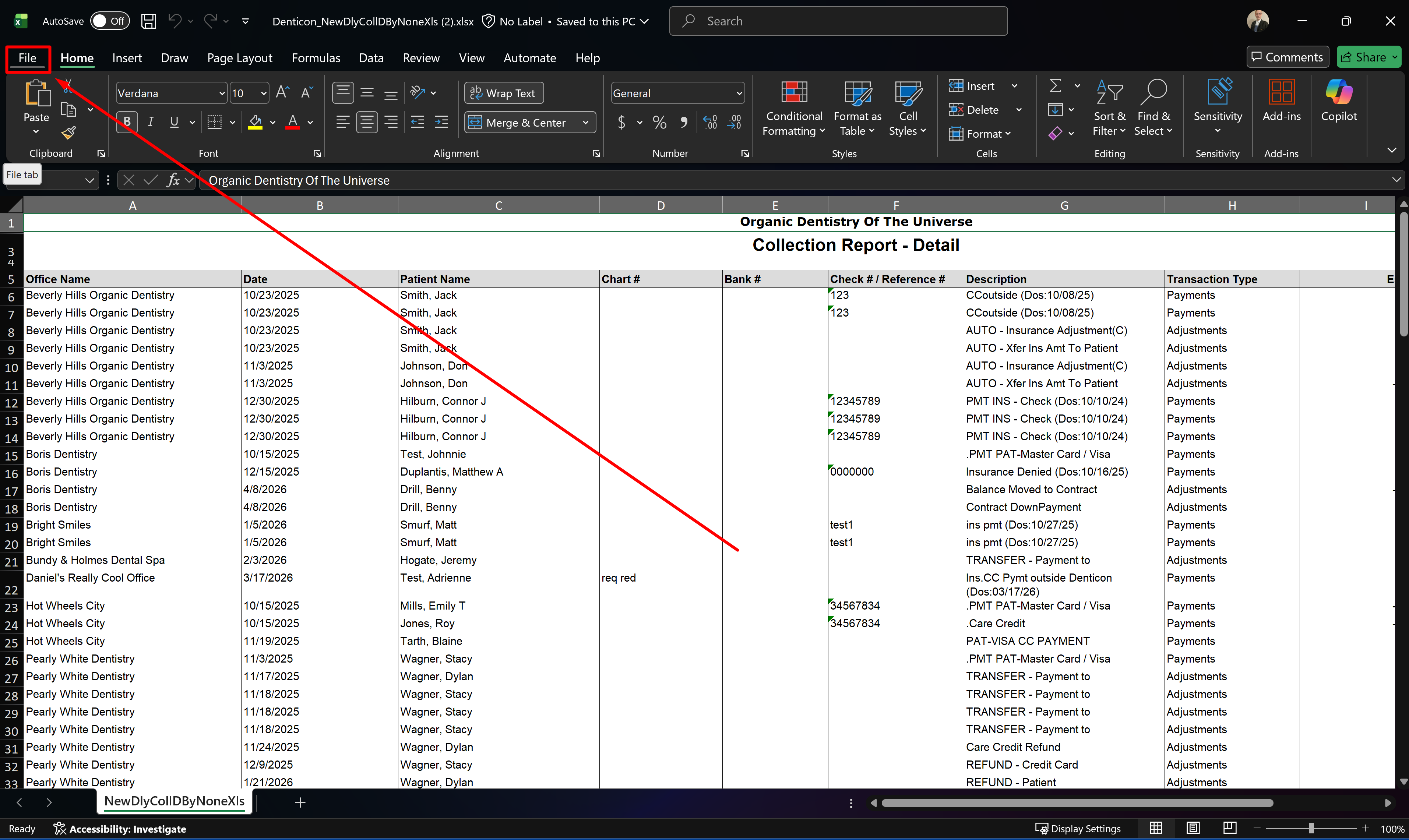 Click File to open the options for the spreadsheet