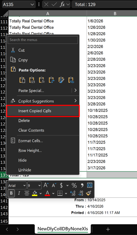 If have correctly copied the other report's cells, selected the final row, and right clicked, there should now be a menu with and option called "Insert Copied Cells". Select this to paste the cells from the other report.