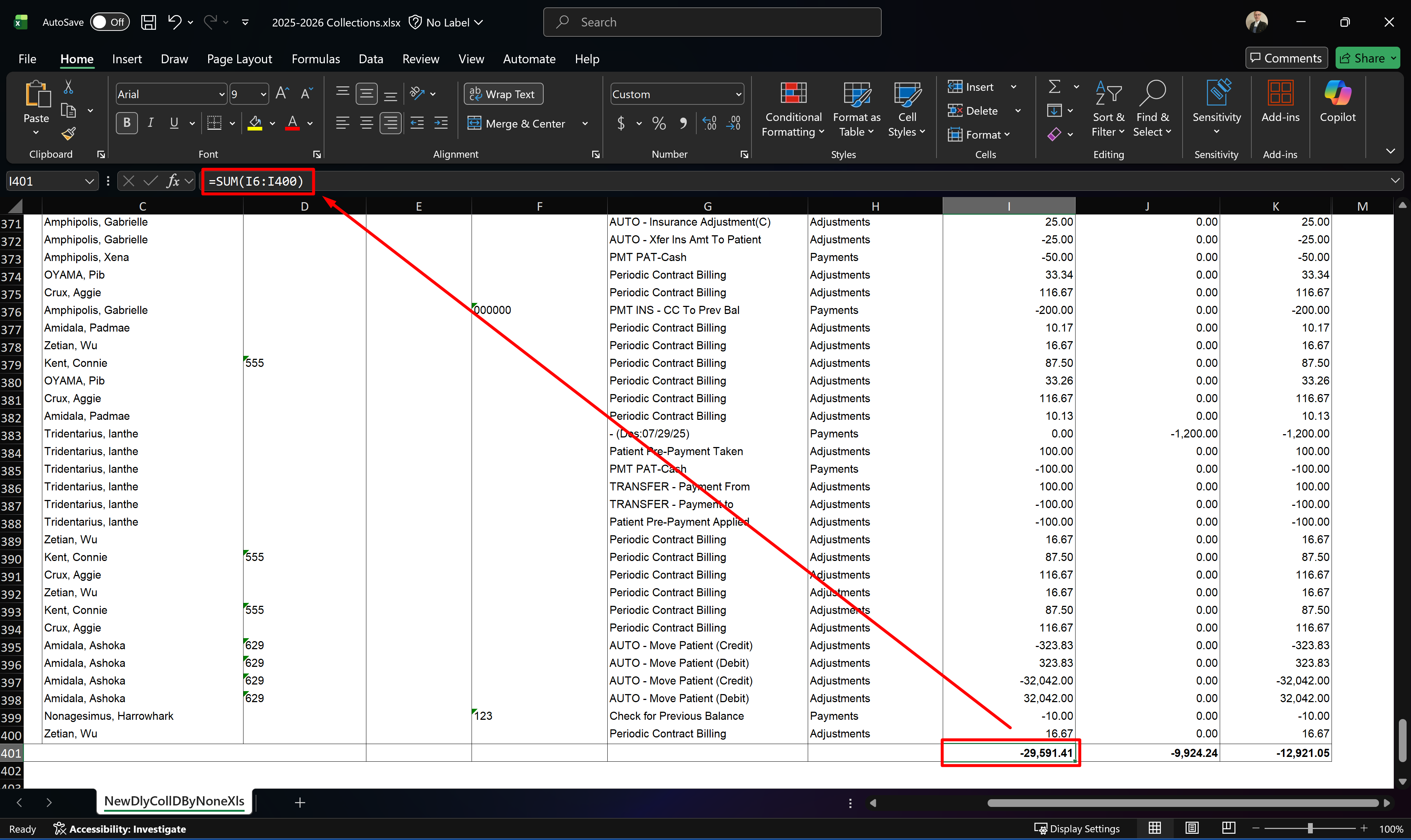 For money totals, try using the SUM function of Excel. Ex. =SUM(I6:I400)