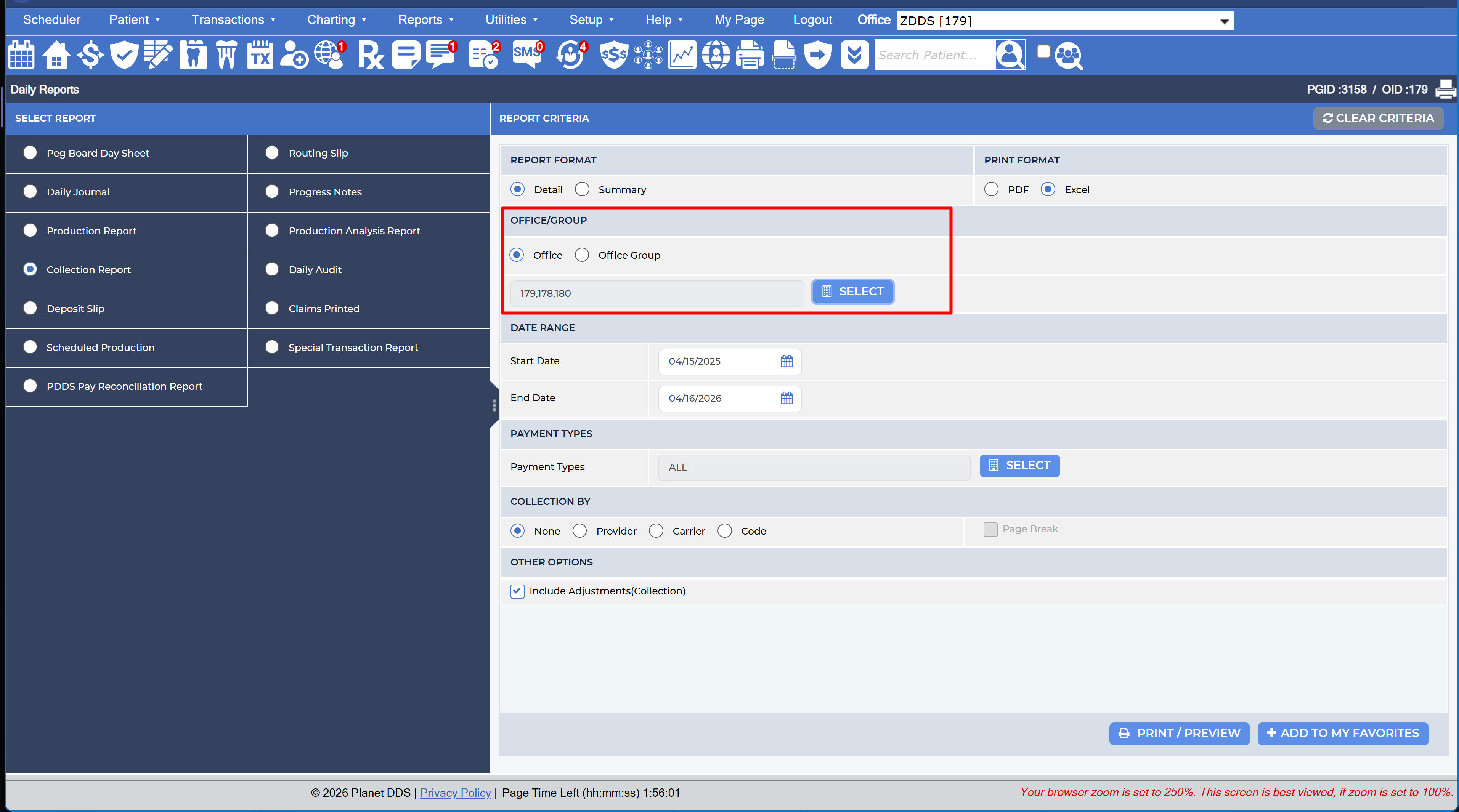 2 - Office/Group: The team member sets the Office/Group selection to three offices. Now the report can be run in multiple pieces and assembled in Excel.