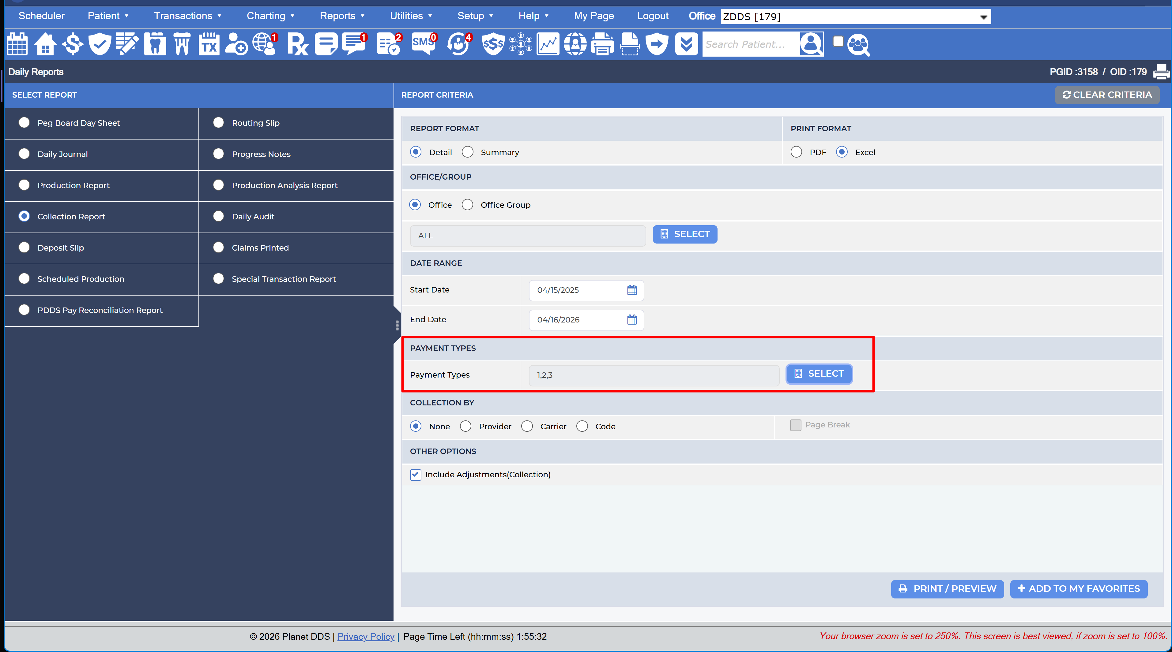 3 - Payment Types: The team member sets the Payment Types selection to three payment types. Now the report can be run in multiple pieces and assembled in Excel.