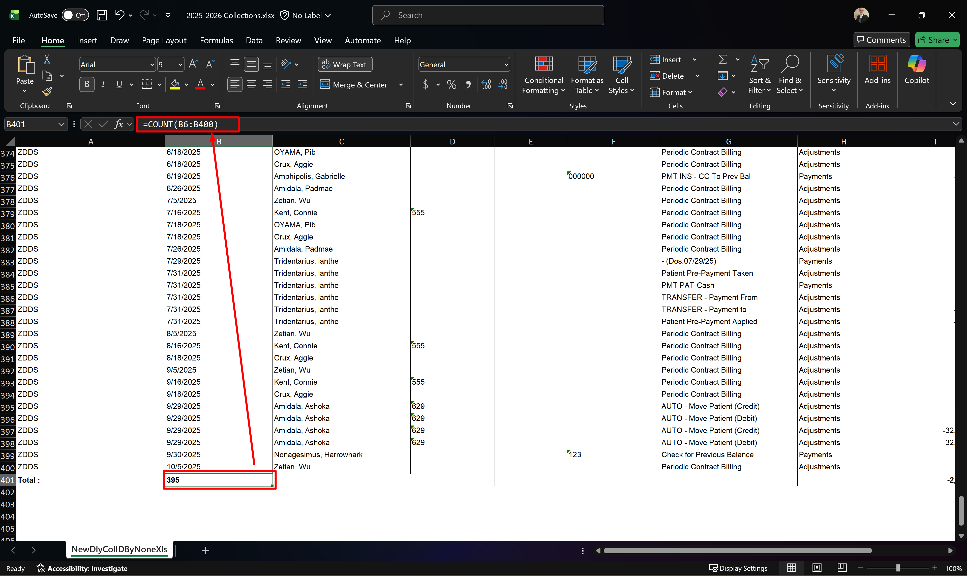 You can use formulas to correct any totals at the bottom of the report. Ex. Remove the total in the A column and in the B column enter the formula for: =COUNT(B6:B400)