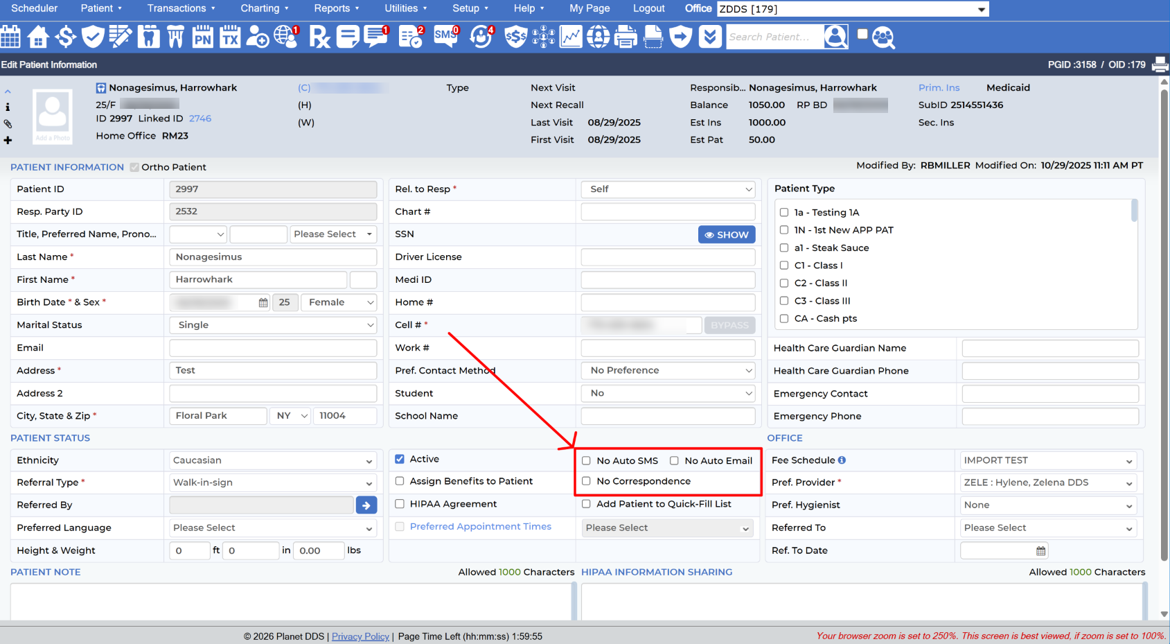 Edit Patient Information page, “No Auto SMS”, “No Auto Email”, and “No Correspondence” are highlighted