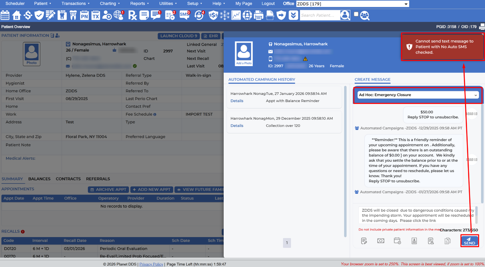 Cannot send text message to Patient with No Auto SMS checked.
