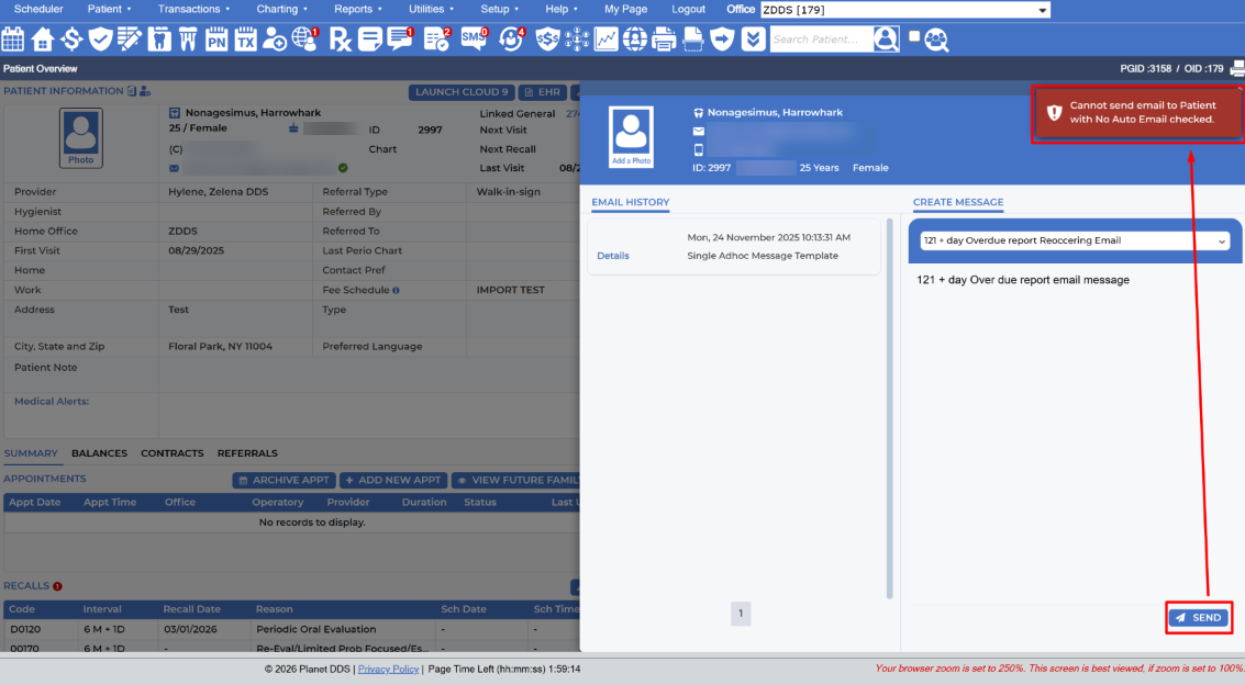 Cannot send email to Patient with No Auto Email checked.