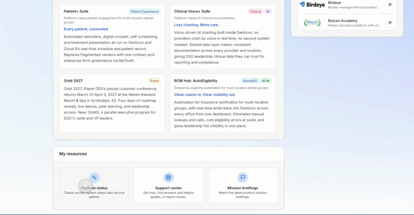 The My resources tile showing three links: Platform status, Support center, and Mission briefings