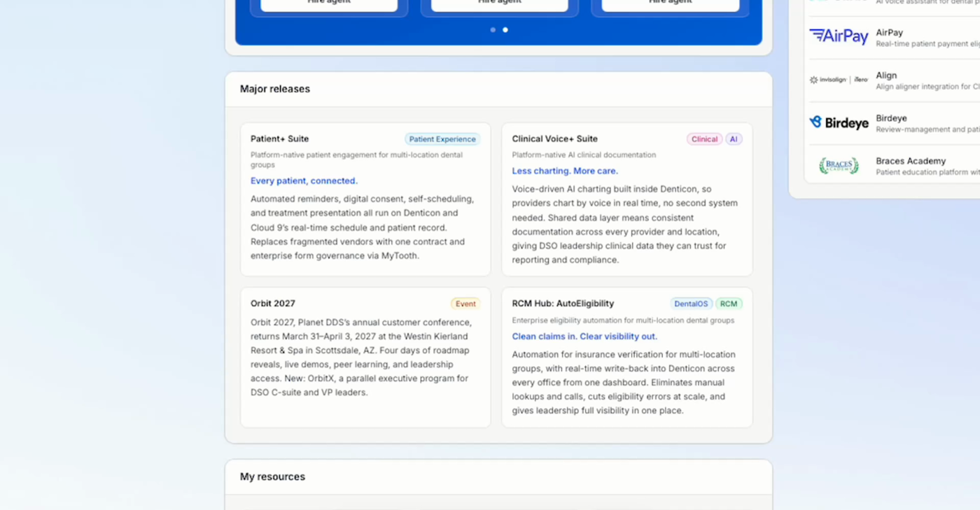 The Major releases tile showing product release announcements including Patient+ Suite, Clinical Voice+ Suite, Orbit 2027, and RCM Hub: AutoEligibility
