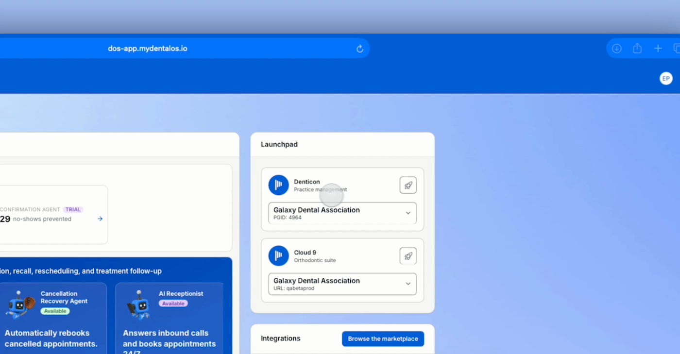 The Launchpad tile showing Denticon and Cloud 9 entries, each with a location dropdown and a rocket ship icon to launch the product