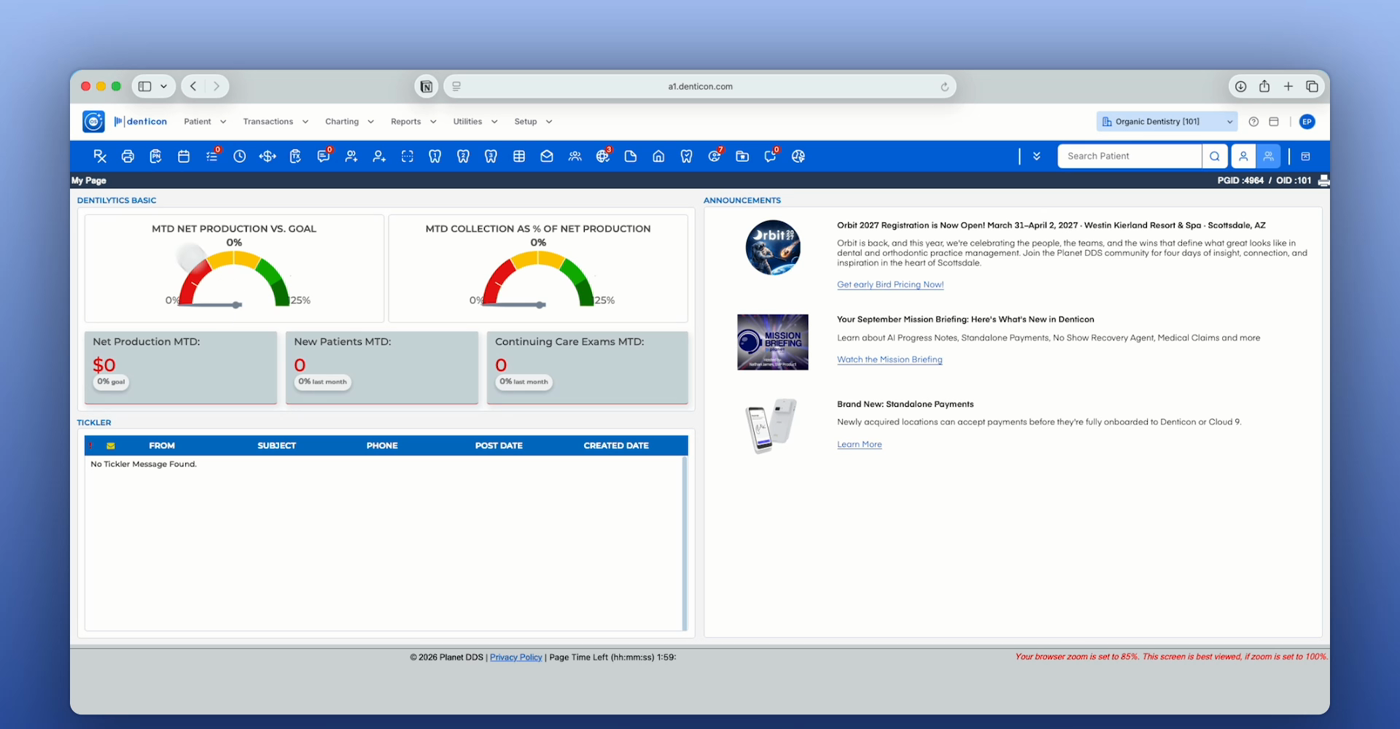 Denticon dashboard after launching from DentalOS, showing the My Page view with production metrics and announcements