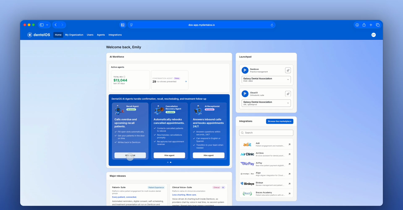 The DentalOS dashboard showing the AI Workforce tile with available agents and the Hire agent button highlighted