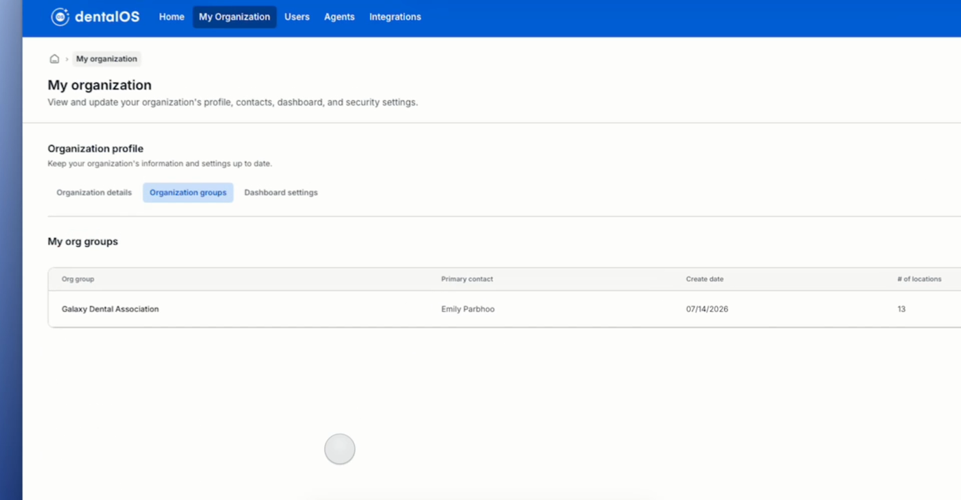The Organization groups tab showing a list of org groups with primary contact, create date, and number of locations