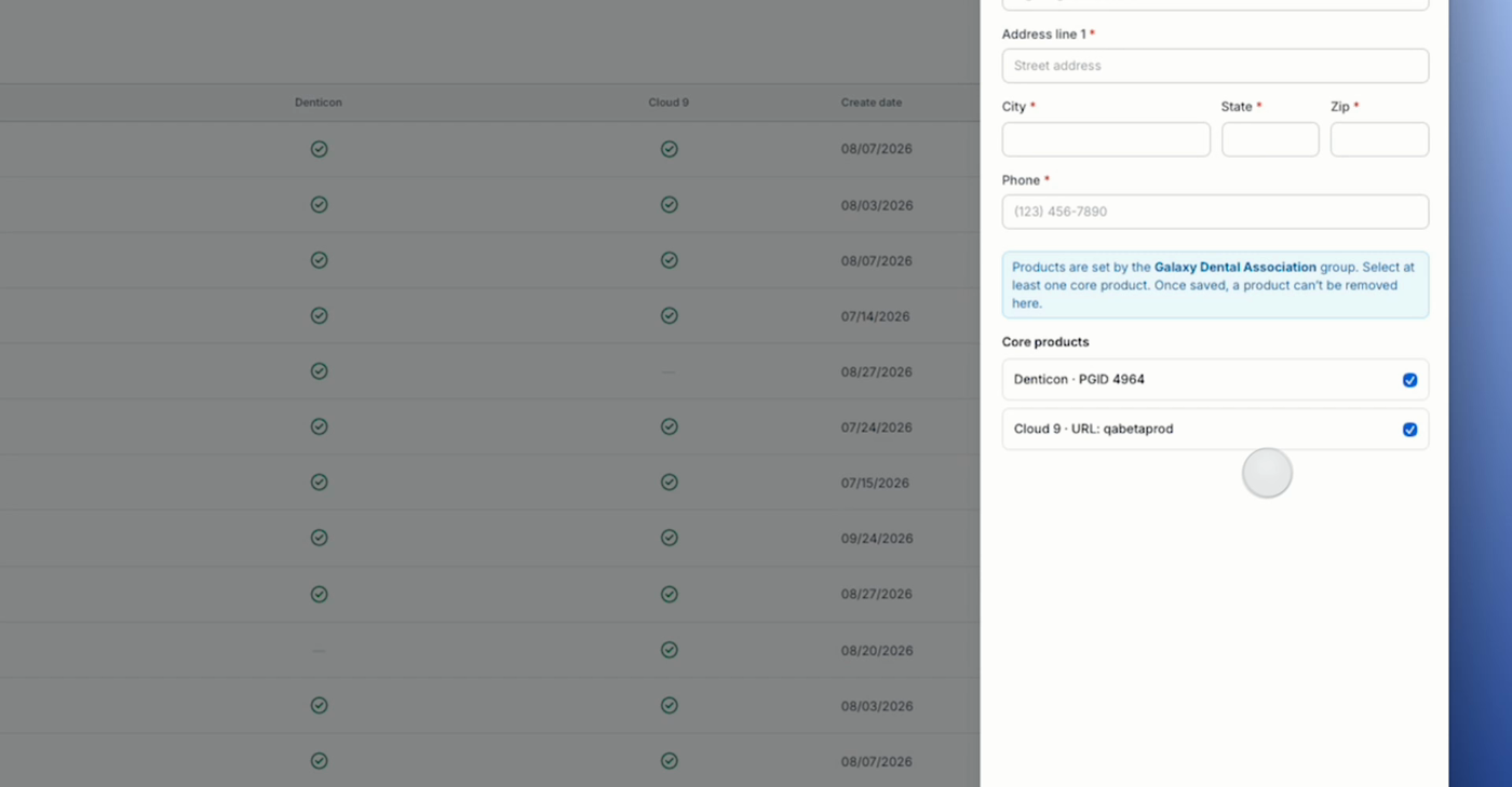 The Core products section of the Add location panel with Denticon and Cloud 9 checkboxes selected