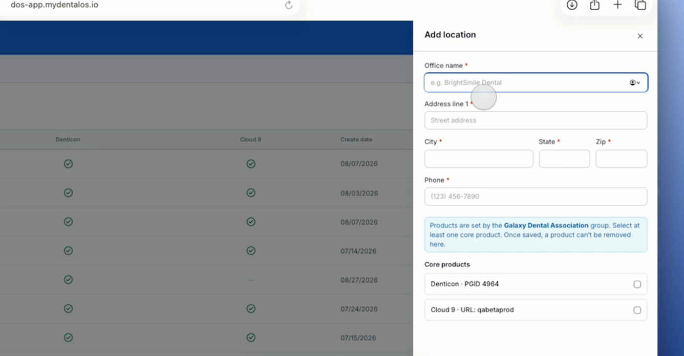 The Add location panel showing fields for office name, address, city, state, zip, phone, and core products