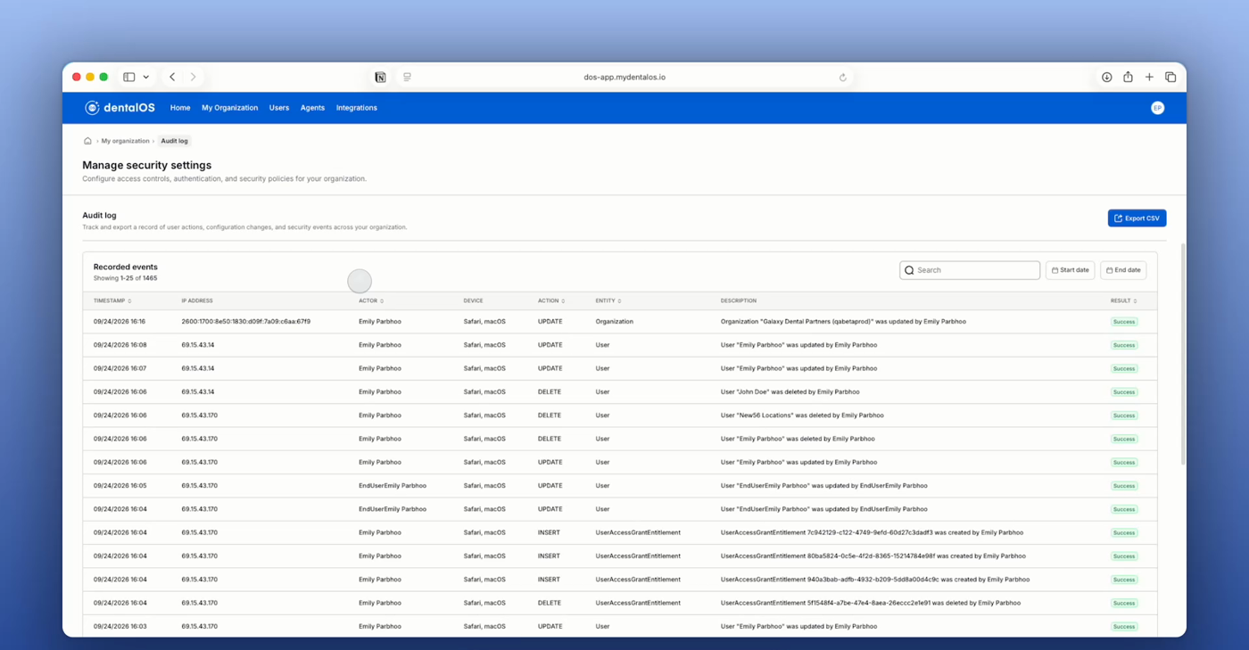 The DentalOS audit log showing recorded events with columns for timestamp, IP address, actor, device, action, entity, description, and result