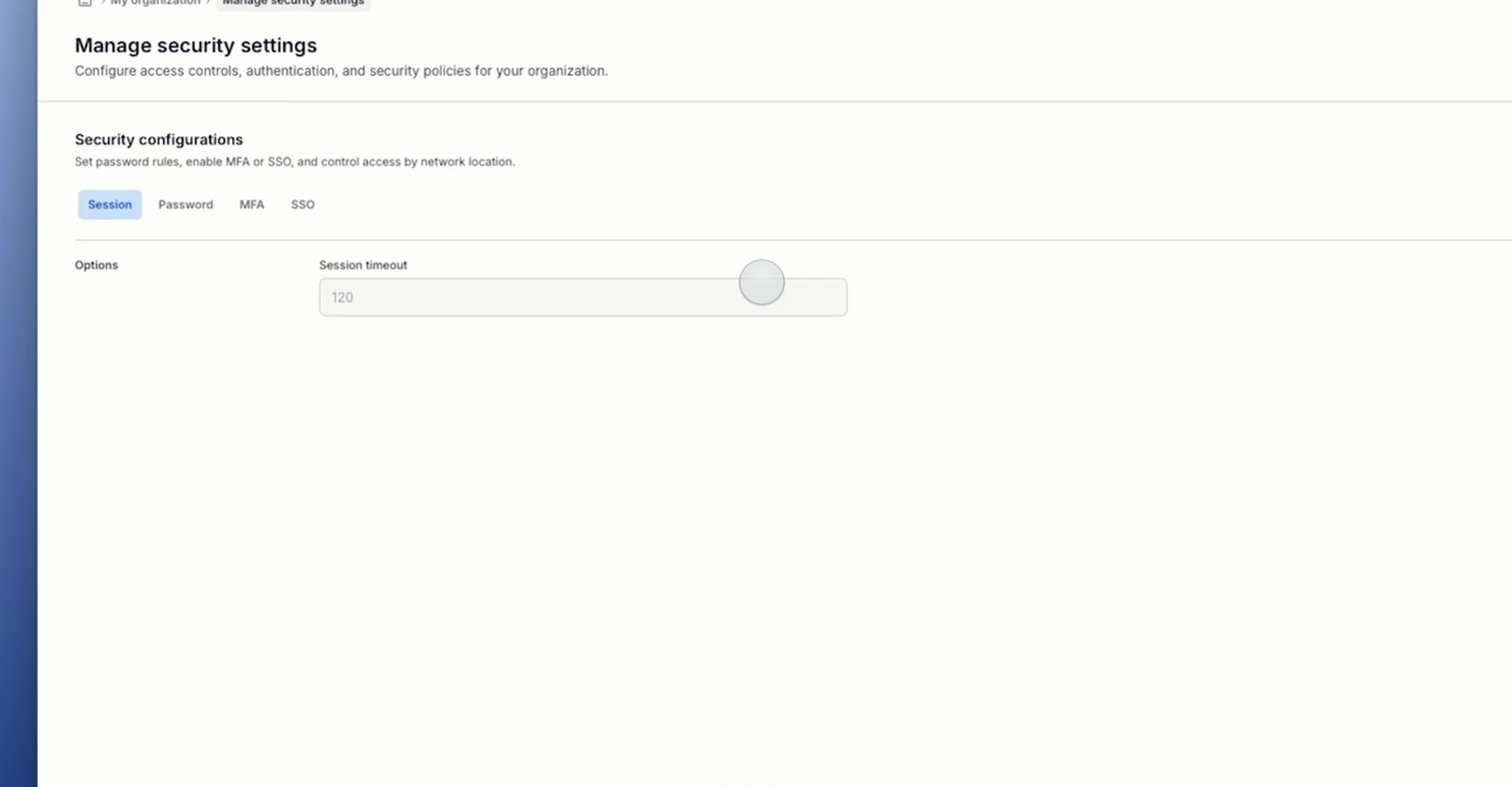 The Manage security settings page showing the Session tab with the Session timeout field set to 120