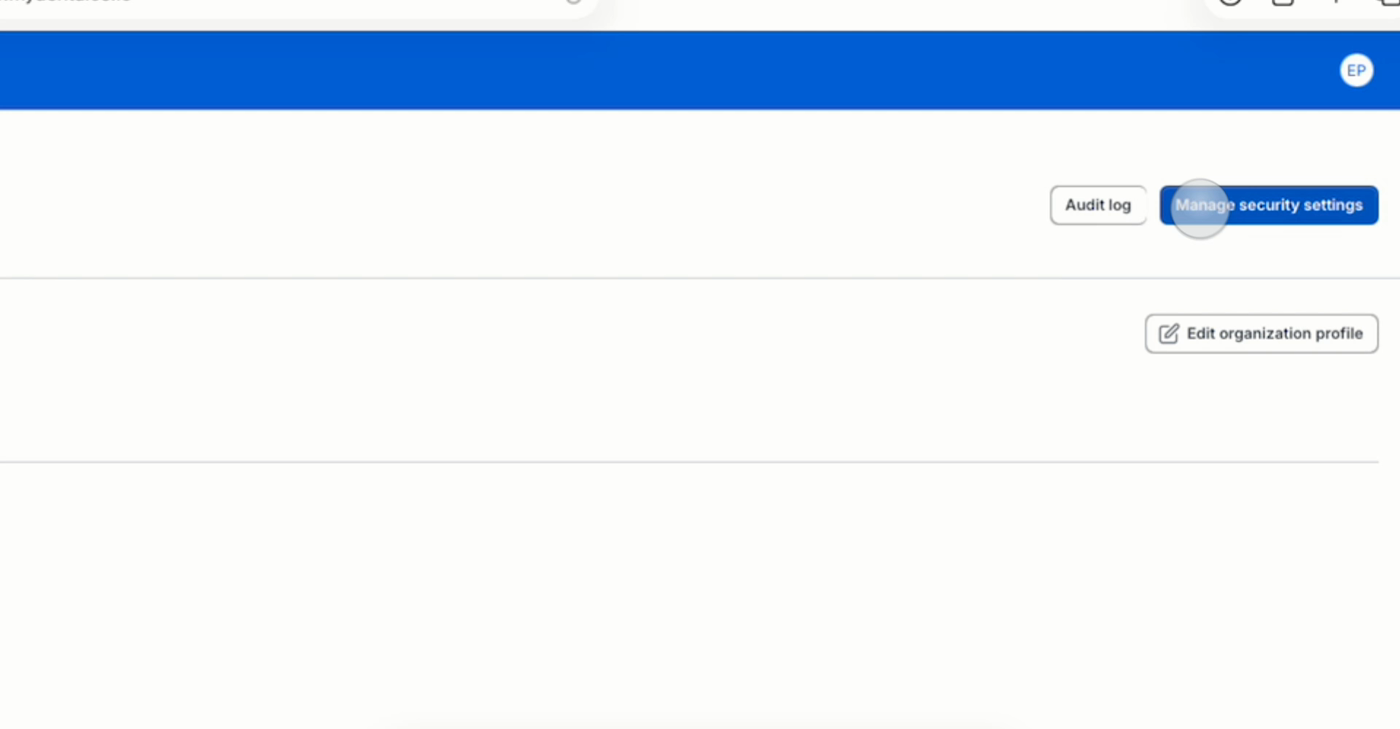 The My Organization page showing the Manage security settings button highlighted in the upper right