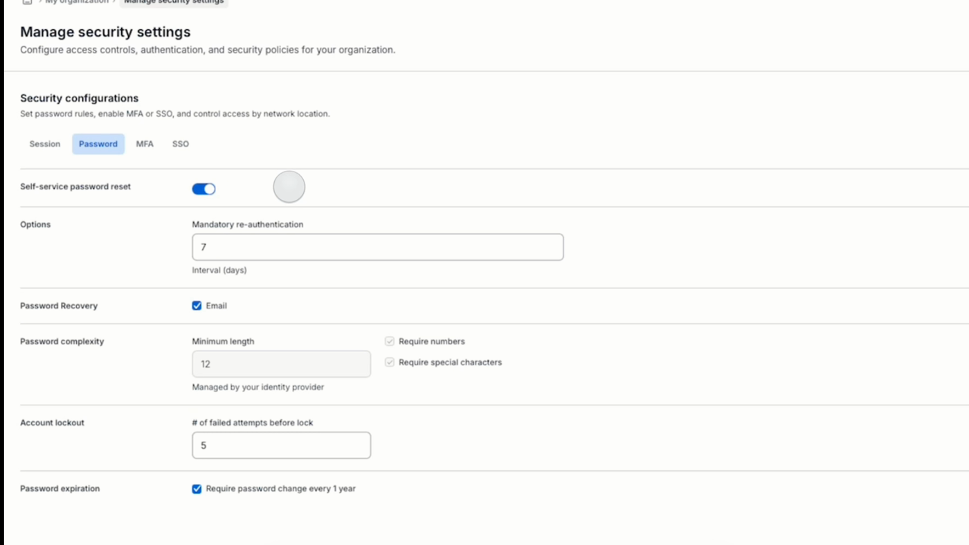 The Password tab in Manage security settings, showing the Self-service password reset toggle turned on, along with re-authentication, account lockout, and password expiration options
