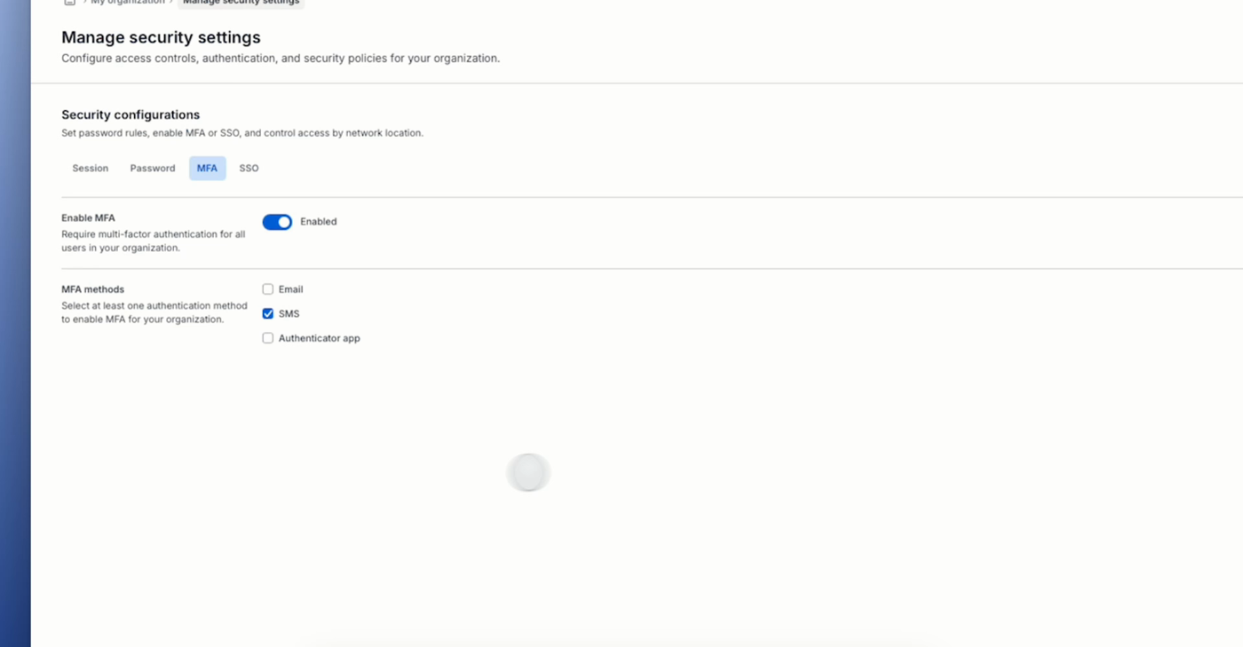 The MFA tab in Manage security settings, showing the Enable MFA toggle turned on and SMS selected as the MFA method
