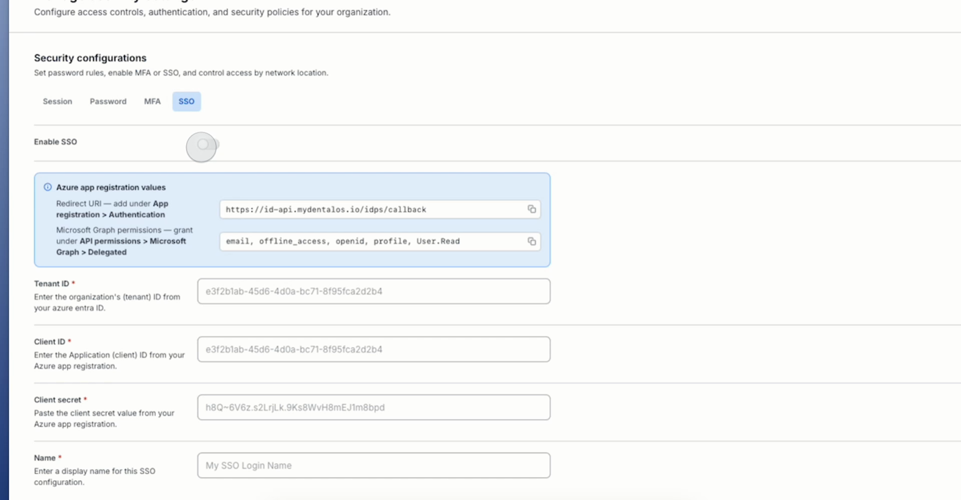 The SSO tab showing the Azure app registration values, including the redirect URI and Microsoft Graph permissions fields, and the Tenant ID, Client ID, Client secret, and Name fields below