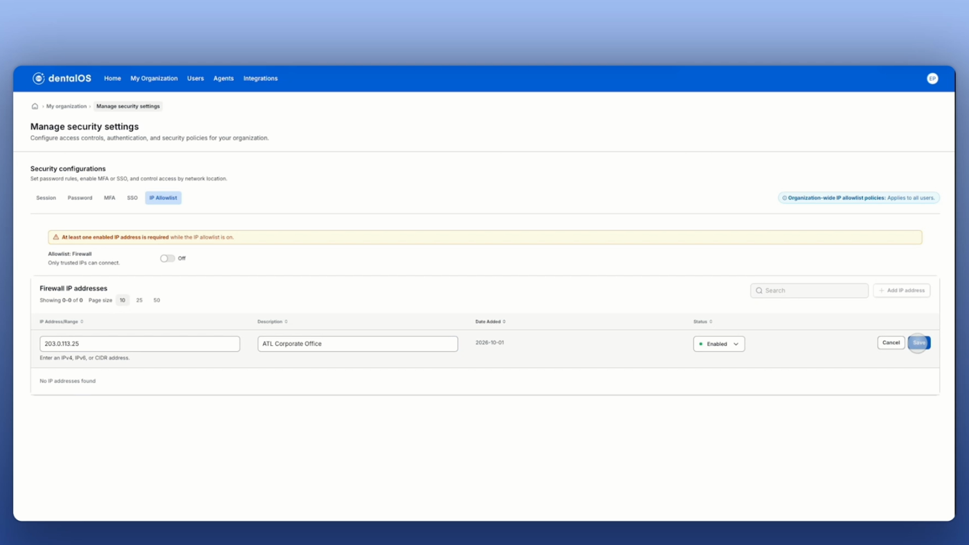 The IP Allowlist tab in Manage security settings, showing the Firewall IP addresses table with an IP address row being added, a Description field, a Status dropdown set to Enabled, and Save and Cancel