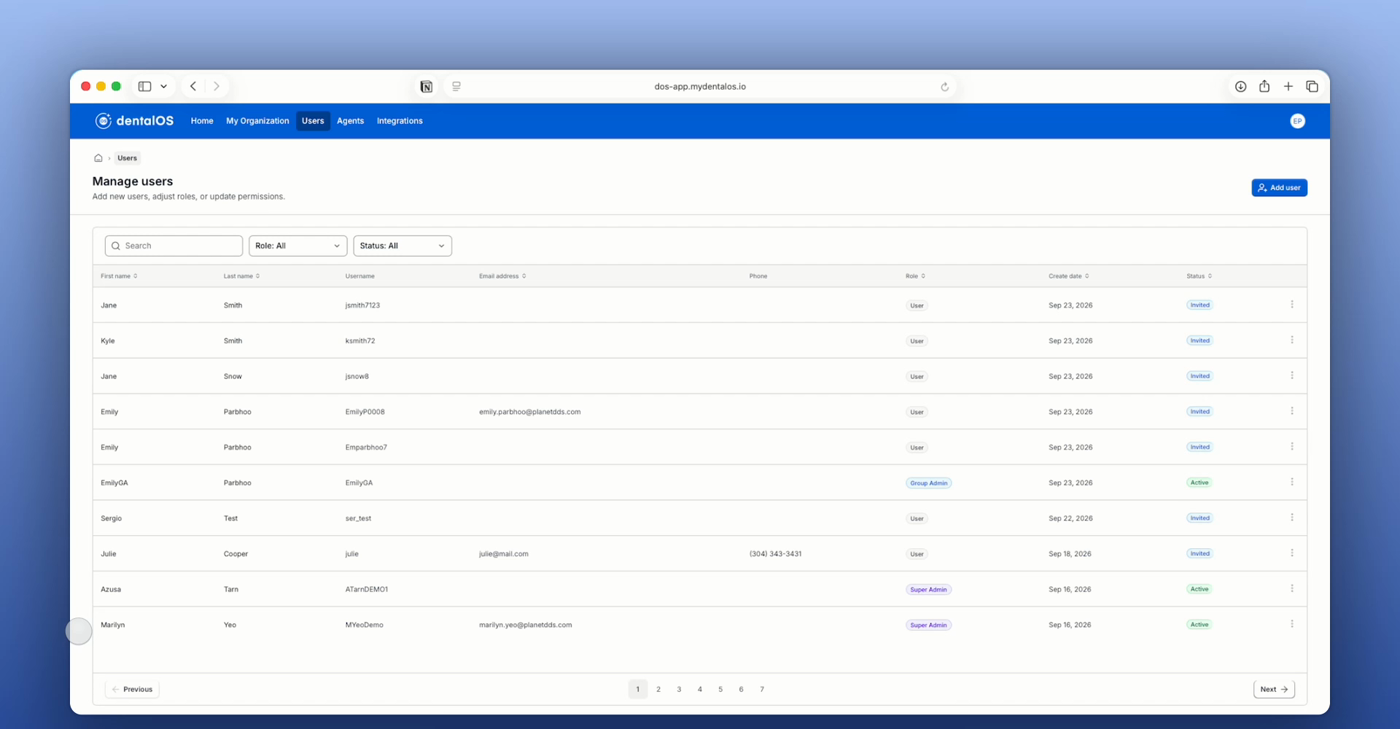 The Manage users page with the Add user button in the top right corner