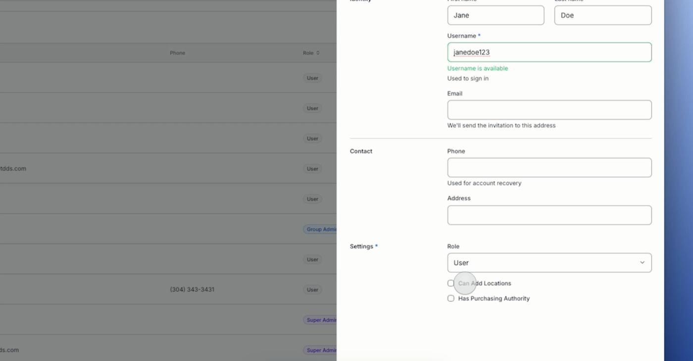 The lower portion of the User info step showing the Role dropdown and the Can Add Locations and Has Purchasing Authority checkboxes