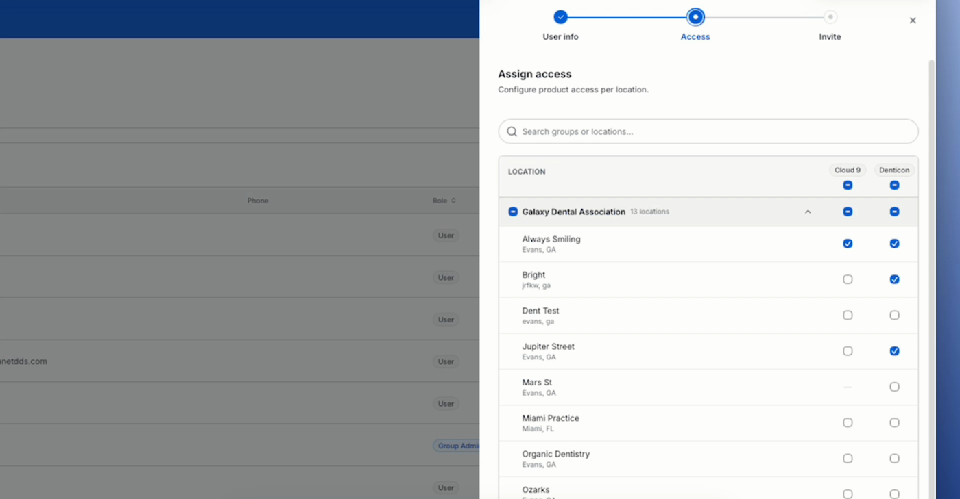 The Access step with checkboxes selected for Cloud 9 and Denticon across multiple locations