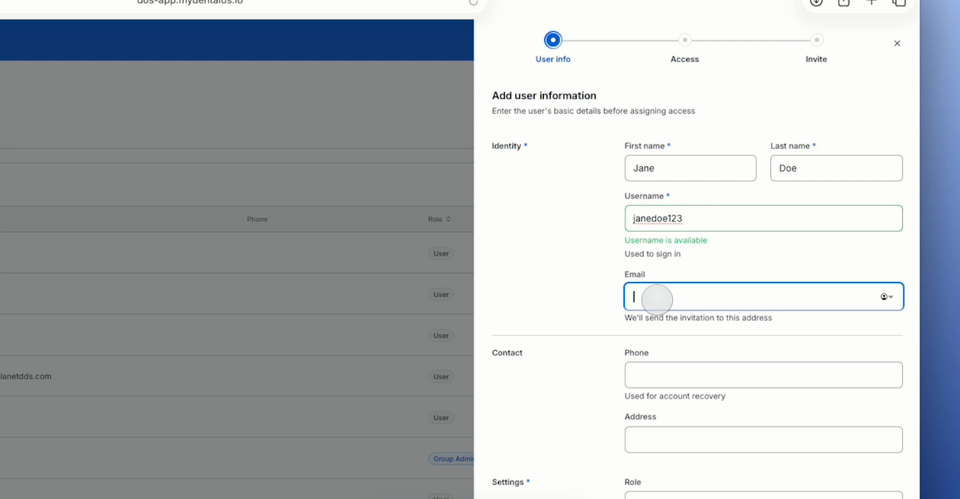 The Add user panel showing the User info step with fields for first name, last name, username, and email