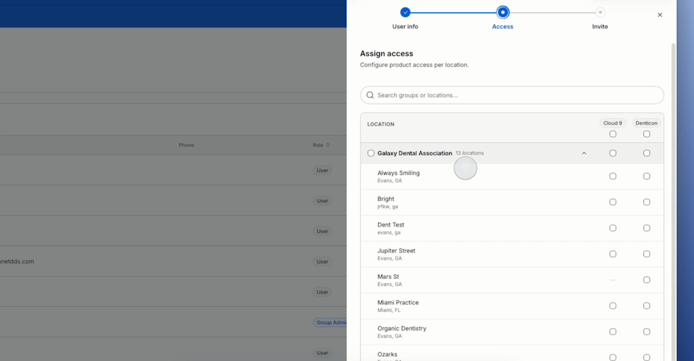 The Access step showing the Assign access panel with a list of locations and Cloud 9 and Denticon columns