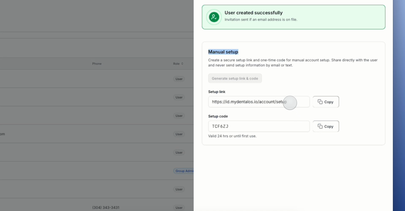 The Invite step showing a successful user creation message and the Manual setup section with a generated setup link and setup code