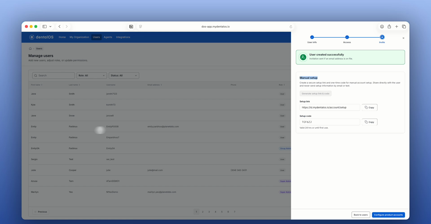 The Configure product accounts button on the DentalOS Manage Users screen
