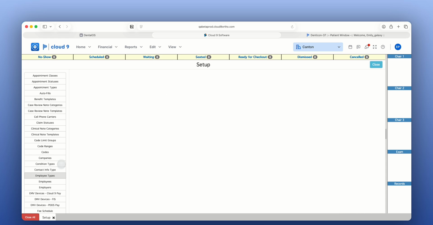 Cloud 9 Setup screen showing the Employees option in the setup menu