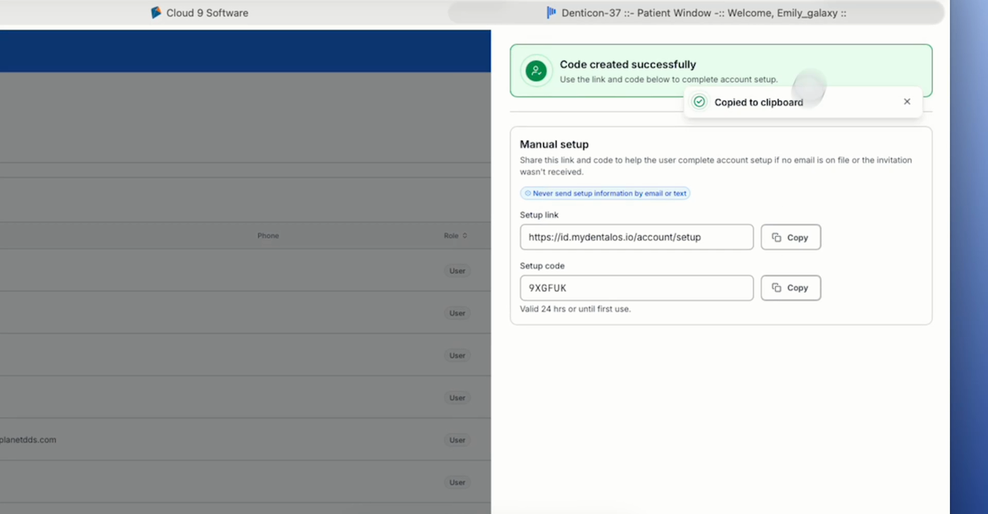 The Manual setup panel showing the setup link and setup code with Copy buttons and a "Code created successfully" confirmation