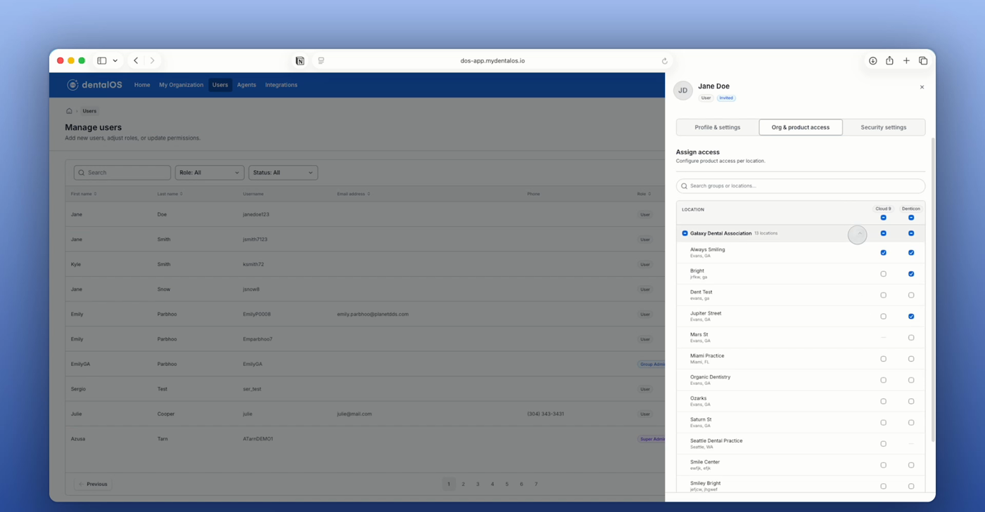 The user profile panel open to the Org and product access tab, showing location and product access checkboxes for Cloud 9 and Denticon