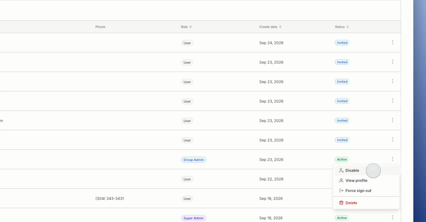 The Manage users page with the three-dot actions menu open, showing Disable, View profile, Force sign out, and Delete options