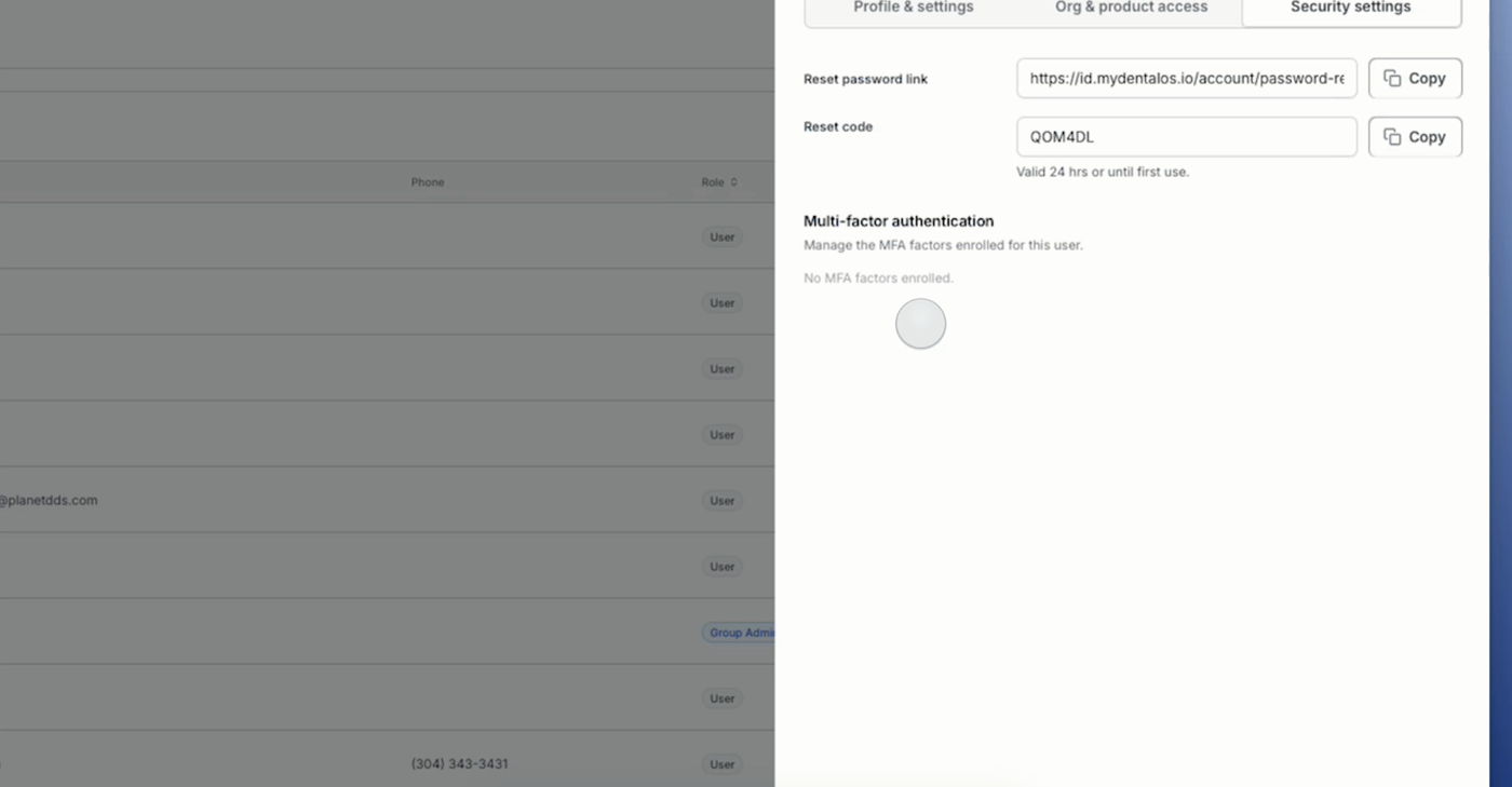 The Security settings tab showing the Reset password link and Reset code fields, each with a Copy button
