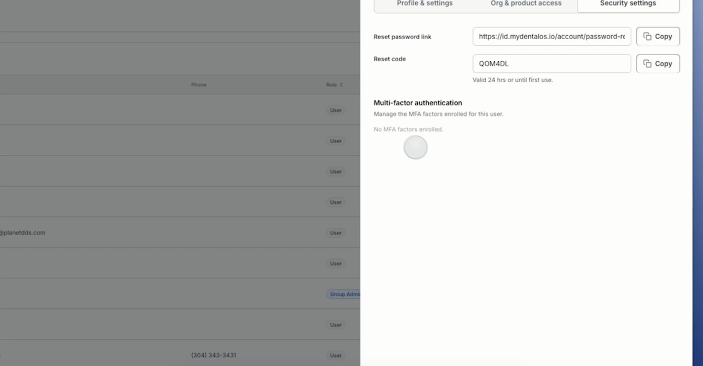 The Multi-factor authentication section of a user's Security settings tab, showing the Manage the MFA factors enrolled for this user area