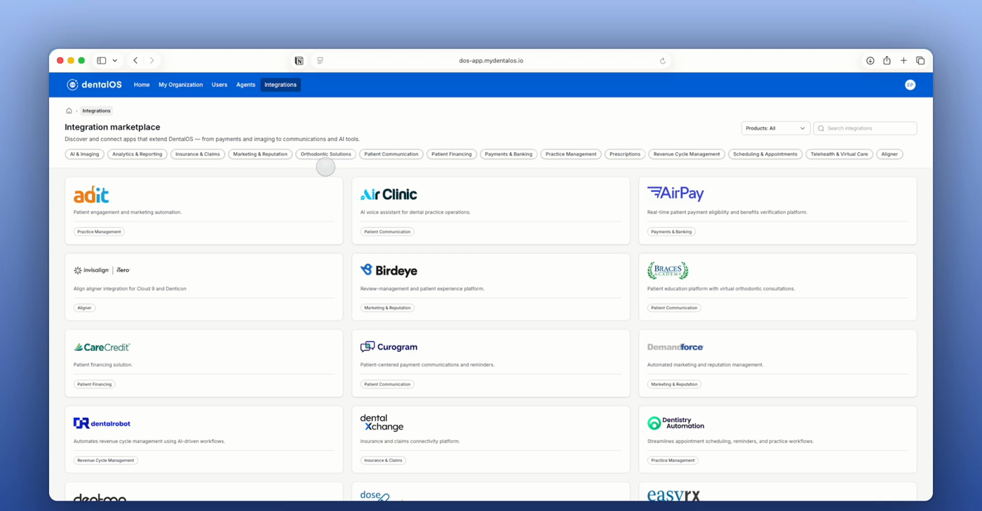 The DentalOS Integration Marketplace page showing partner cards and filter chips across the top