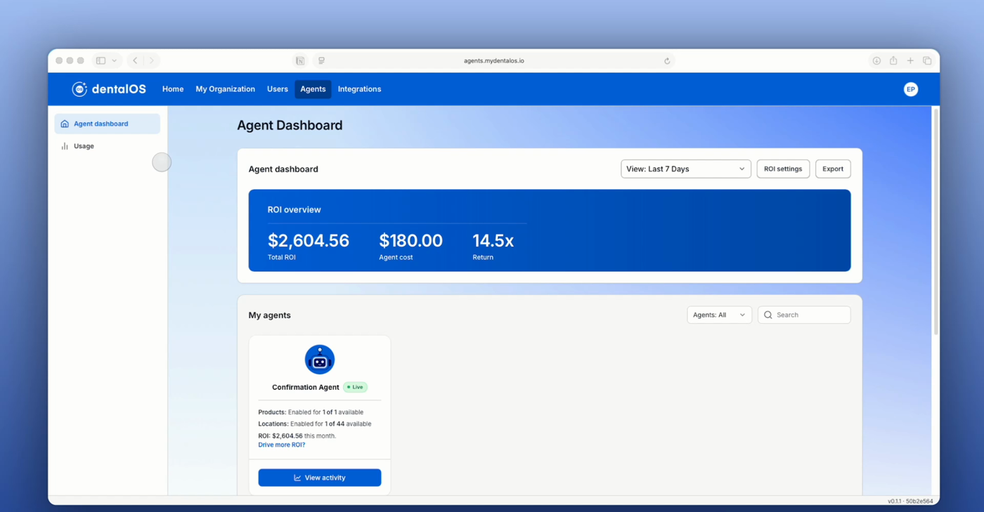 The Agent Dashboard showing the ROI overview, My agents section with a Confirmation Agent card marked Live, and a View activity button