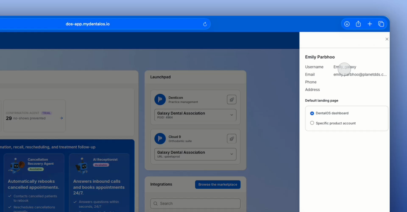 The profile panel open in DentalOS, showing the Default landing page section with options for DentalOS dashboard and Specific product account