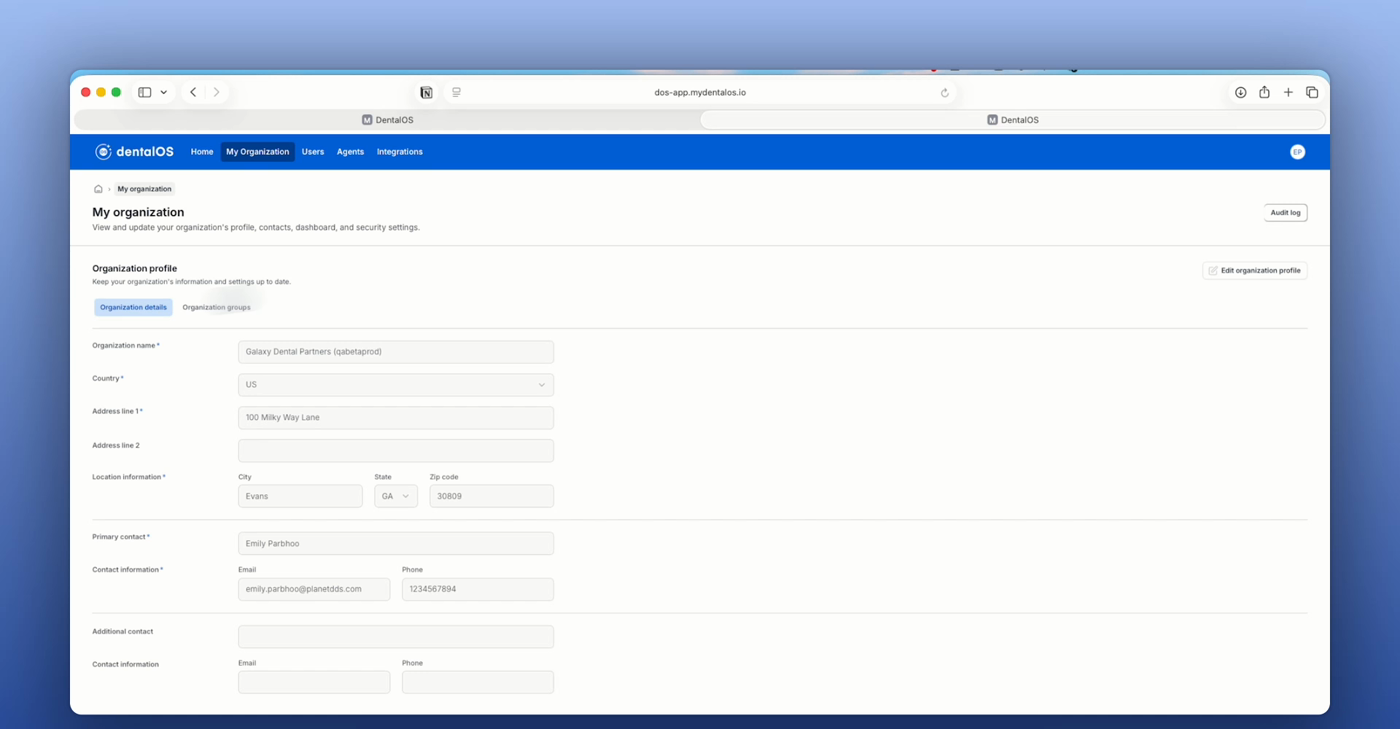 The My Organization page as seen by a Group Admin, showing organization profile and navigation options