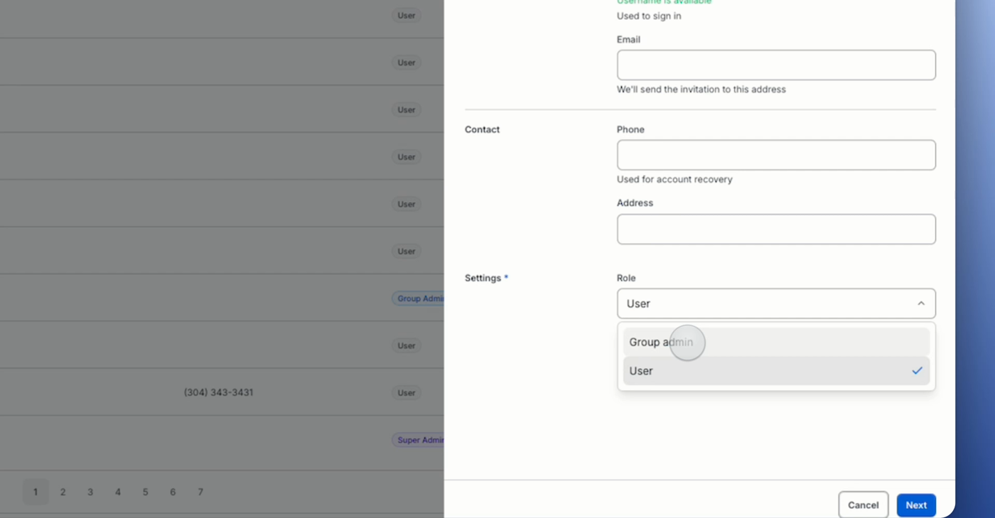 Role dropdown when a Group Admin adds a user, showing Group admin and User as the available role choices