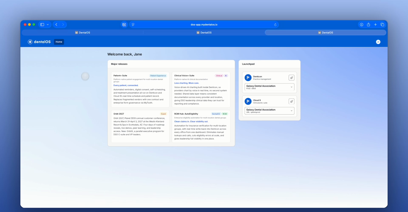 The DentalOS dashboard as seen by a User, showing only the Major releases and Launchpad tiles
