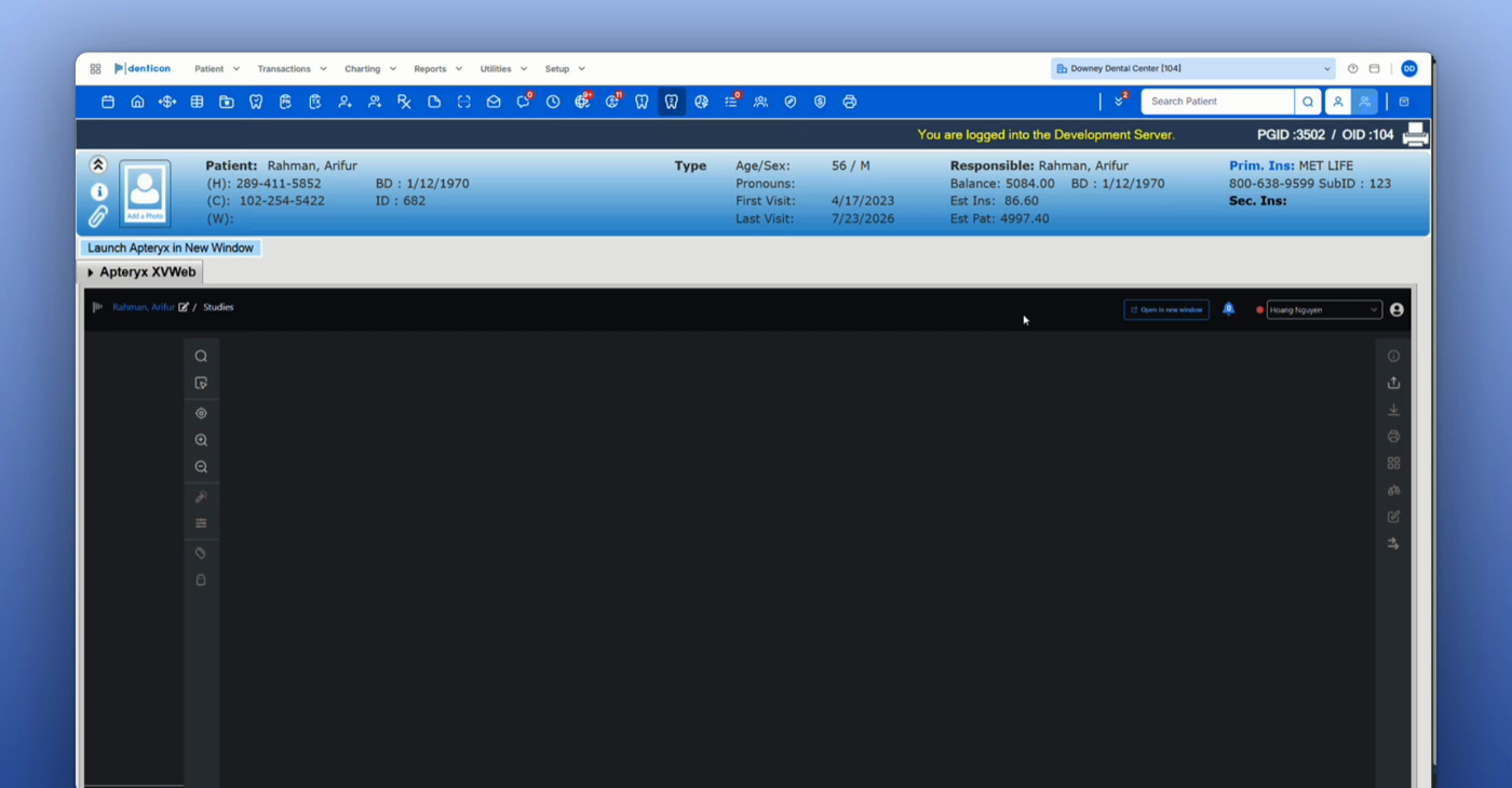 Apteryx XVWeb open inside Denticon, showing the patient record for Rahman, Arifur with the Apteryx XVWeb panel loaded below