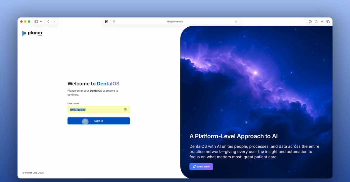 The DentalOS sign-in page showing the Username field and Sign in button