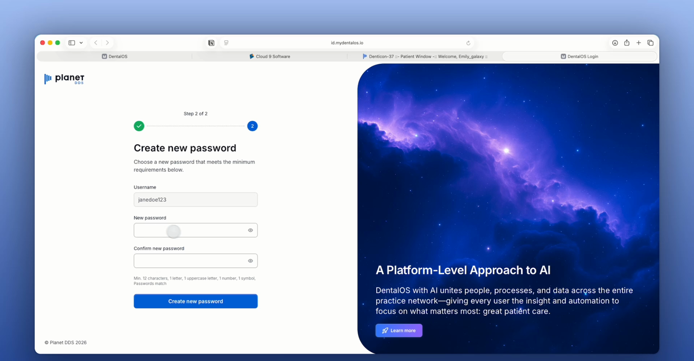 The Create new password page showing Username, New password, and Confirm new password fields with the Create new password button